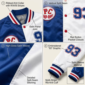 Veste universitaire bleue et blanche pour homme avec logo PC brodé 93, col rabattu, style preppy, coupe régulière, matière polyester - Product Image 6
