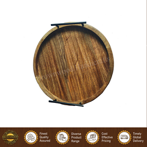 Handmade Round Stylish Burnt Natural Finished Mango Wood Serving Tray with Metal Handles for Restaurant and Hotel <b>Kitchen</b> Use - Product Image 4