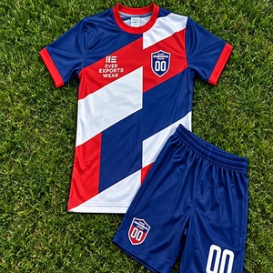 Unique Design ODM Service Red <b>White</b> Navy Soccer Geometric <b>Short</b> Sleeve Jersey and <b>Shorts</b> for Youth and Adult Teams Team Kit - Product Image 1