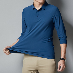 เสื้อโปโลถักแขนยาวสีน้ำเงินสำหรับผู้ชาย สีพื้น ระบายอากาศได้ดี สวมใส่สบาย ทรงปกติ - Product Image 1