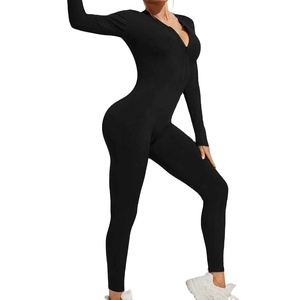 New Hot Sale Solid Color Ribbed Full Sleeves Zipper Skinny High Waist Breathable Quick Dry Women's <b>Bodysuit</b> - Product Image 3