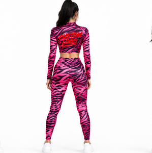 Wholesale New Custom Pink Zebra Print Gym Set Women Zip up Crop <b>Top</b> <b>Leggings</b> Set Two-Piece Women’s Activewear - Product Image 2