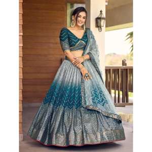 Chinon Sangeet Wear Robe de soirée Impressionnant bleu sarcelle Paillettes Lehenga Choli avec Dupatta - Product Image 6