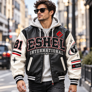 Blouson universitaire d'hiver pour homme en fourrure de cheval rouge et blanc, boutons en corne, broderie chenille, vente en gros, OEM personnalisé - Product Image 2