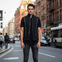 Blouson bomber double boutonnage en laine/acrylique noir pour homme, col montant, doublure en fausse fourrure, broderie dorée, boutons argentés sur le devant, hiver