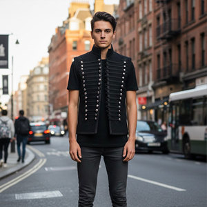 Chaqueta Bomber Negra para Hombre, Estilo Inglés, Doble Botonadura, Cuello Alto, Forro de Piel Sintética, Bordado Dorado, Botones Plateados, para Invierno - Product Image 1