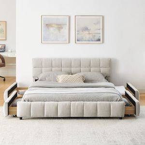Letto matrimoniale imbottito confortevole con testiera in tessuto ciniglia solido e cassetti integrati - Letti imbottiti - Product Image 5