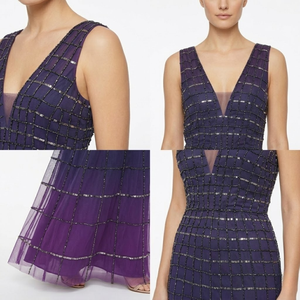 Robe midi à paillettes violettes |   Robe de soirée sans manches à col en V et coupe trapèze pour femme |   Robe élégante en maille pour occasions formelles, broderie de luxe - Product Image 3