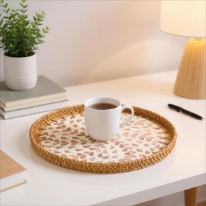 Bandeja redonda de ratán con incrustaciones de nácar, bandeja dorada de mimbre para mesa de centro con base de madera para cocina y sala de estar - Product Image 3