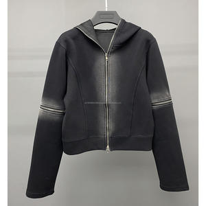 Y2k Cropped <b>Zip</b>-<b>Up</b> <b>Hoodie</b> Vintage Sun Faded Washed Winter Plain Dyed Embroidered Men's <b>Hoodie</b> - Product Image 5