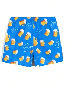 กางเกงชายหาดพิมพ์ลายเบียร์สีน้ำเงินรอยัลสำหรับผู้ชาย ลายการ์ตูน กางเกงว่ายน้ำแห้งเร็ว มีเชือกผูกเอว - Product Image 4