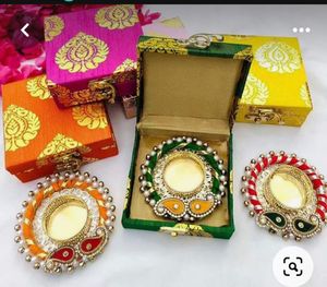 Vibrant Handcrafted Silk Brocade Gift Boxes with Traditional Meenakari Pearl Work Diya Holders and Festive Tealight <b>Stands</b> - Product Image 2