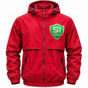 Veste coupe-vent OEM/ODM pour homme, veste bomber rouge à capuche, coupe-vent, fermeture éclair sur le devant, design avec badge, vêtement d'automne - Product Image 1