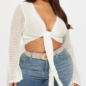 Custom Sheer Knit Women's <b>White</b> <b>Crocheted</b> Bow Front Long Sleeve Crop Top Casual Summer Sweater Pullover Knitwear Tops - Product Image 3