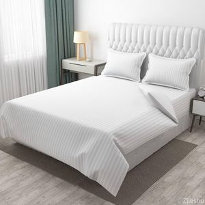 High Quality 210 TC White Cotton Satin Stripe Bedsheet <b>Comfortable</b> Hotel Bedding for Worldwide Export Supply - Product Image 1