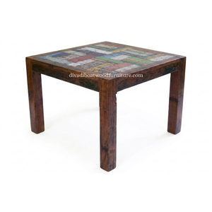 Table à manger DIVADI, modèle carré à pieds fixes, patchwork, bois de bateau recyclé, design durable, écologique, pour intérieur et extérieur - Product Image 1