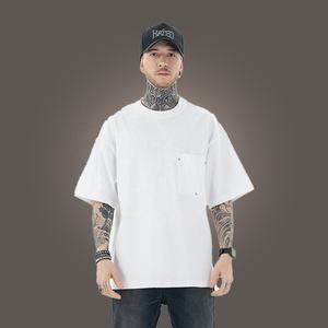 เสื้อยืดคอกลมมีกระเป๋าปักหมุดที่หน้าอกผ้าฝ้าย100% 300gsm ขนาดใหญ่ไหล่สีดำสีขาวสีเขียว - Product Image 6