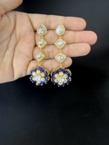 925 Sterling Silver Polki Dangle <b>Earrings</b> Nano Blue Flower Shape Indian Jewelry for Women gift for her - Product Image 2