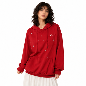 Sudadera con Capucha Extra Grande para Mujer, Color Borgoña, Mezcla de Algodón, Adornada con Perlas, Estilo Casual Urbano, Fabricante con Logotipo Personalizado - Product Image 1