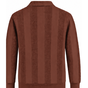 Polo en maille marron chocolat pour homme à manches longues, motif rayé vertical texturé, poignets côtelés, pull décontracté chic de qualité supérieure - Product Image 2