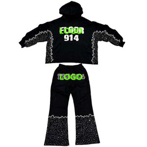 Conjunto de Sudadera con Capucha Personalizada 100% Algodón, Lavado Ácido, Estilo Vintage, con Bordado 3D y Decoración de Pedrería para Invierno - Product Image 4