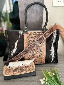 New Western Handcrafted Tooled Hair on Hide Fur Leather <b>Handbag</b> Women's Stylish Shoulder Bag and Wristlet Purse <b>Unique</b> Combo Set - Product Image 2