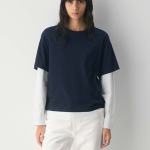 T-shirt pour femme à manches longues, col rond, coupe ample, extensible, respirant, en jersey uni avec appliques, double couche - Product Image 1