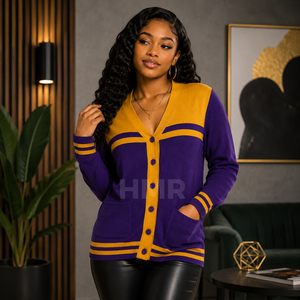 HMR Acrylic Casual Sorority Sisterhood <b>Purple</b> Gold Contrast Color Button Knitted V-Neck Long Sleeve <b>Cardigan</b> - Product Image 3