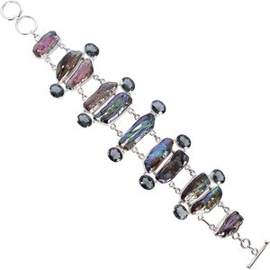 Natural Abalone <b>Shell</b> & Iolite Gemstone 925 Solid Sterling Silver <b>Bracelet</b> Designer Women's Fine Jewelry From India New Arrival - Product Image 1