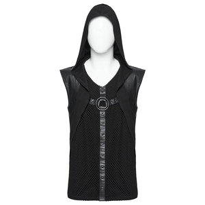 Gilet pour homme noir gothique punk à capuche, style décadent, en maille tricotée, coupe ajustée, avec empiècements en similicuir - Product Image 1