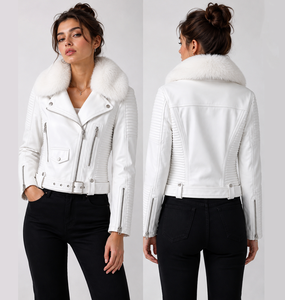 Blouson de motard en cuir PU blanc pour femme, coupe ajustée, avec col en fausse fourrure, chaud pour l'hiver, ceinturé et fermetures éclair - Product Image 5