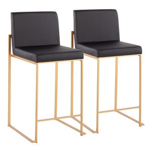 Sgabello da bancone Fuji High Back contemporaneo di Fuji, set di 2 sgabelli da bar moderni in acciaio dorato e similpelle nera - Product Image 1