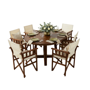 Luxury Solid Teak Round <b>Dining</b> Table Set with Canvas Armchairs Modern Outdoor Resort Furniture - Product Image 5