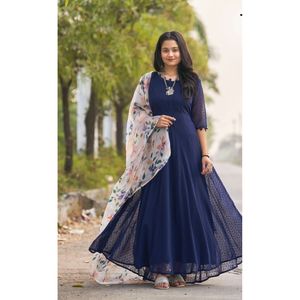 VESTIDO DE FIESTA GEORGETTE VESTIDO LISO CON IMPRESIÓN DIGITAL TRABAJO DUPATTA AZUL - Product Image 1