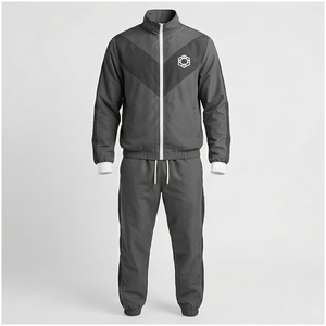 Ensemble de survêtement gris pour homme, manches longues, col montant, fermeture éclair sur le devant, logo, couleur unie, respirant, coupe classique, vêtements d'automne - Product Image 1