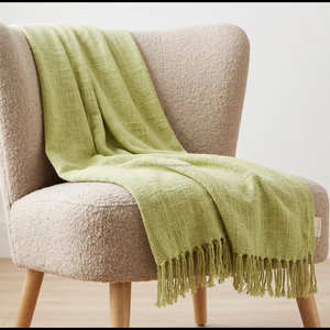 Sage Green Slub Cotton Woven <b>Throw</b> for Sofa <b>Chair</b> and Natural Home Interiors with Handloom Texture and Decorative Fringe - Product Image 1