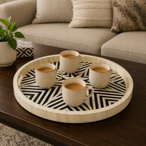 Luxury Round Bone Inlay Serving Tray | Handmade Decorative Coffee Tea Tray Black White Geometric Home Decor Wedding <b>Gift</b> Tray - Product Image 2
