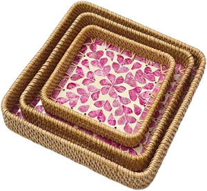 Shaped Rattan Mother Pearl <b>Storage</b> Trays Set 3 Pink Floral Liner Classic Dishwasher Safe Food <b>Stackable</b> Table Neatening - Product Image 4