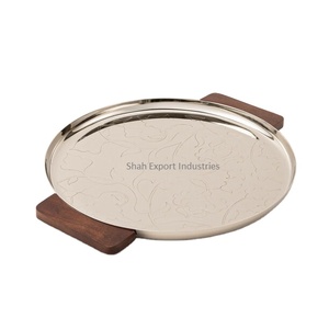 Handmade Round Shape Metal Serving <b>Tray</b> With Wooden Handle <b>Silver</b> Plated Home & Wedding Food and <b>Drinks</b> Serving <b>Tray</b> - Product Image 1