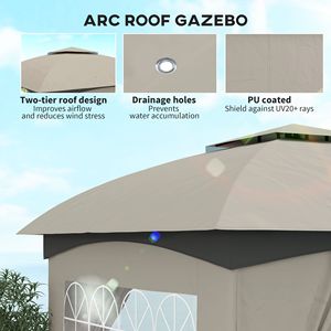 Gazebo da Giardino a Doppio Tetto 3,35m x 3,35m Grigio Chiaro con Telaio in Acciaio Zincato e Finestre a Chiesa con Tende - Product Image 4