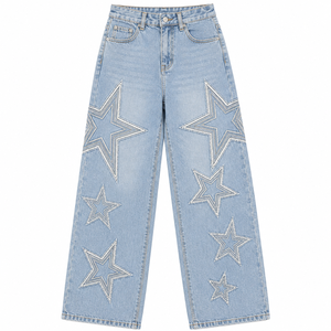 Women's Blue Star <b>Embroidered</b> Loose Fit Dark Wide Leg High Waist Summer Light Denim <b>Jeans</b> Casual Streetwear OEM ODM - Product Image 4