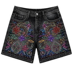 SHH INDUSTRIES Short en jean personnalisé pour homme, respirant, taille mi-haute, orné de strass et de boutons, avec ceinture florale en cristal, OEM ODM - Product Image 1