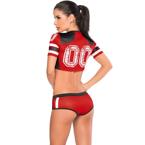 Ensemble d'uniformes de cheerleading pour adultes 3 pièces, bleu et rouge, imprimé, en polyester et élasthanne, avec logo frontal numéro 00 - Product Image 5