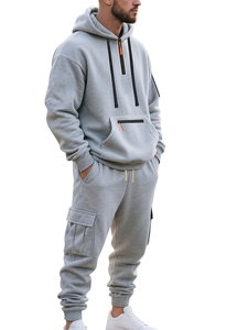 Men's Casual Sports Suit Terry Fabric 100% Cotton Quick Dry 300g Solid Multi Pocket Fashionable Hooded Two-Piece Set Winter - Product Image 2