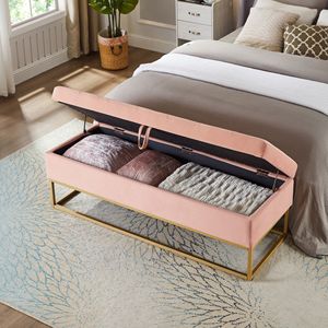 Panca letto in velluto rosa da 58,6 pollici con base in metallo e contenitore, mobile per soggiorno - Product Image 3
