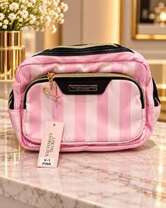 Bolsa de cosméticos de viaje a rayas rosas con cremallera, bolsa de maquillaje de gran capacidad, organizador de artículos de tocador de estilo de diseñador para mujer - Product Image 2