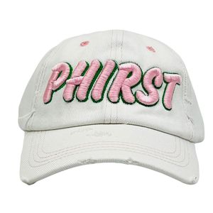 White Distressed Denim Baseball <b>Cap</b> with Pink Chenille Letter Patch Adjustable <b>Vintage</b> Casual Outdoor Fashion Unisex Hat Wear - Product Image 1