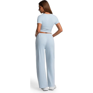 Ensemble de vêtements pour femmes en modal doux, à lacets, uni, long, avec haut à manches courtes et pantalon assorti - Product Image 4