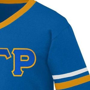Royal Blue Women's <b>V</b> <b>Neck</b> Jersey <b>Shirt</b> with Gold <b>White</b> Sleeve Stripes ETP Letter Design Short Sleeve Athletic Sports Team - Product Image 3