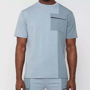 Ensemble T-shirt et short d'été pour homme, col rond, tricoté, 100 % coton, respirant, style décontracté, color block - Product Image 3